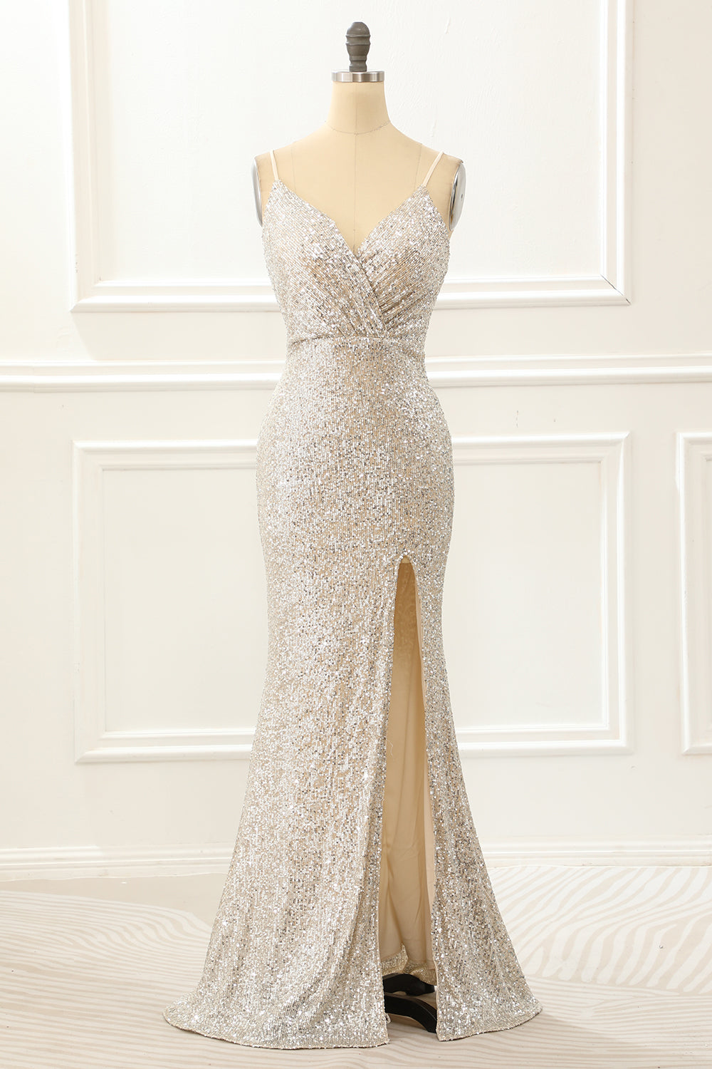 Luolandi Champagne Mermaid Sequin Prom Dress With Slit Sparkly Evening Dress